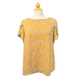 GILLI Yellow Floral Short Sleeve Blouse with Lavender Accents